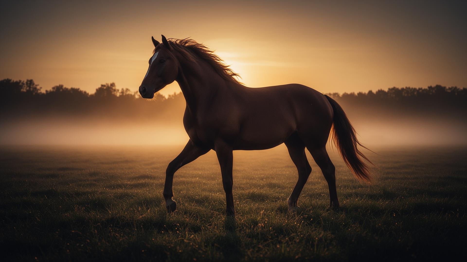 Caballo pura sangre al amanecer en campo abierto